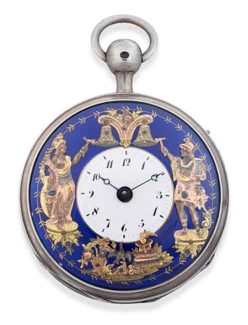 A SILVER KEY WIND OPEN FACE JACQUEMART AUTOMATON QUARTER REPEATING POCKET WATCH