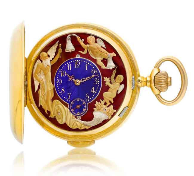 A yellow gold minute repeater hunting case watch with automaton and enamel dial, Circa 1900