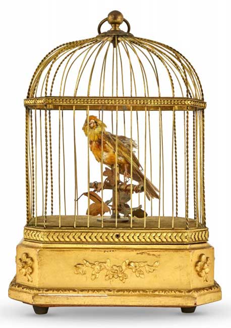 HANGING BIRD CAGE automaton, in bronze, the cage contain…